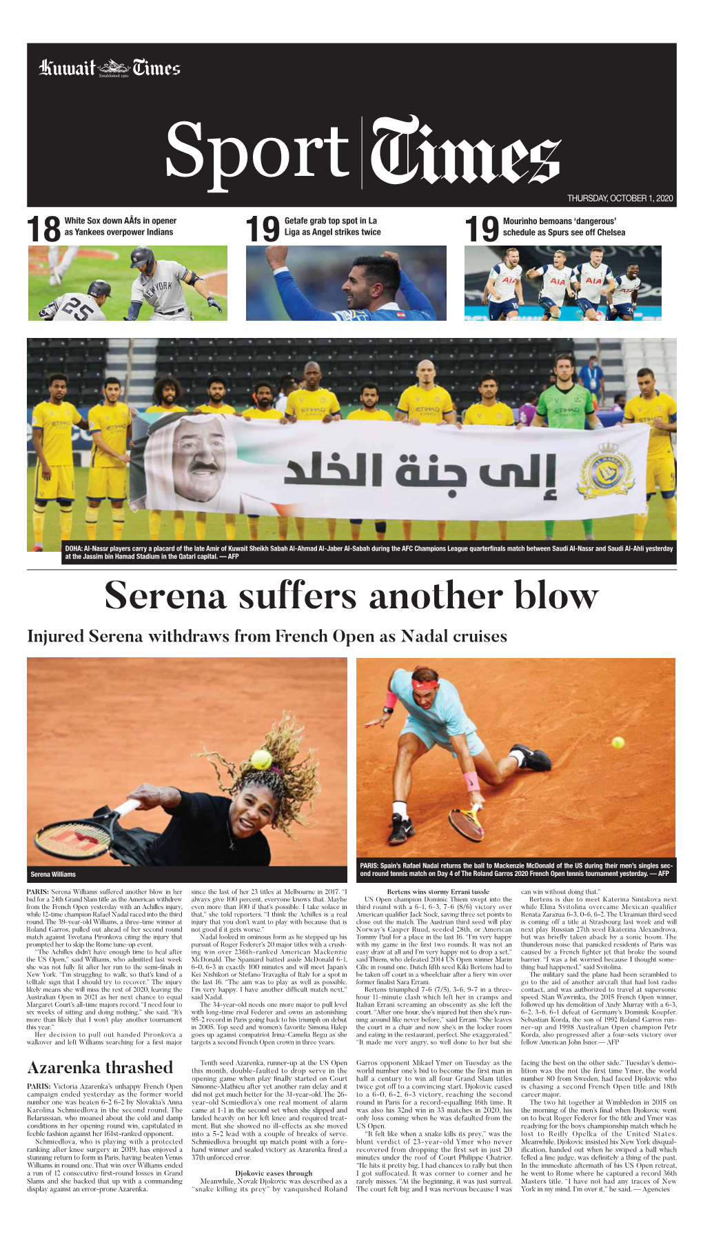 Serena Suffers Another Blow Injured Serena Withdraws from French Open As Nadal Cruises