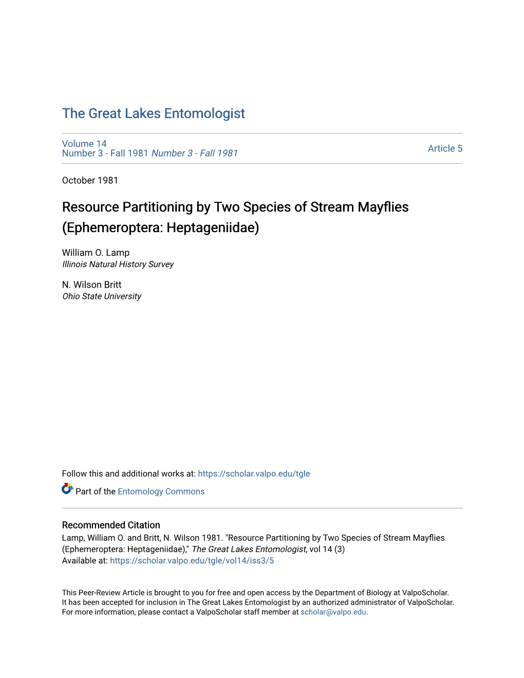 Resource Partitioning by Two Species of Stream Mayflies (Ephemeroptera: Heptageniidae)