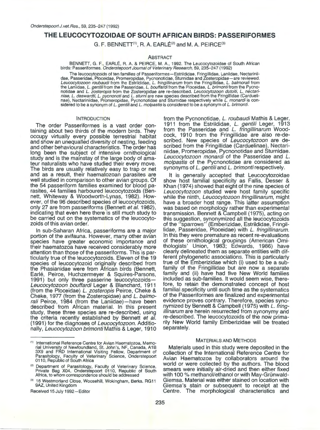 The Leucocytozoidae of South African Birds: Passeriformes G