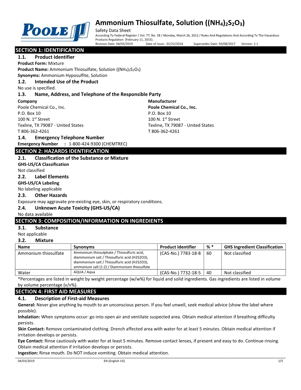 Ammonium Thiosulfate, Solution ((NH4)2S2O3) Safety Data Sheet According to Federal Register / Vol