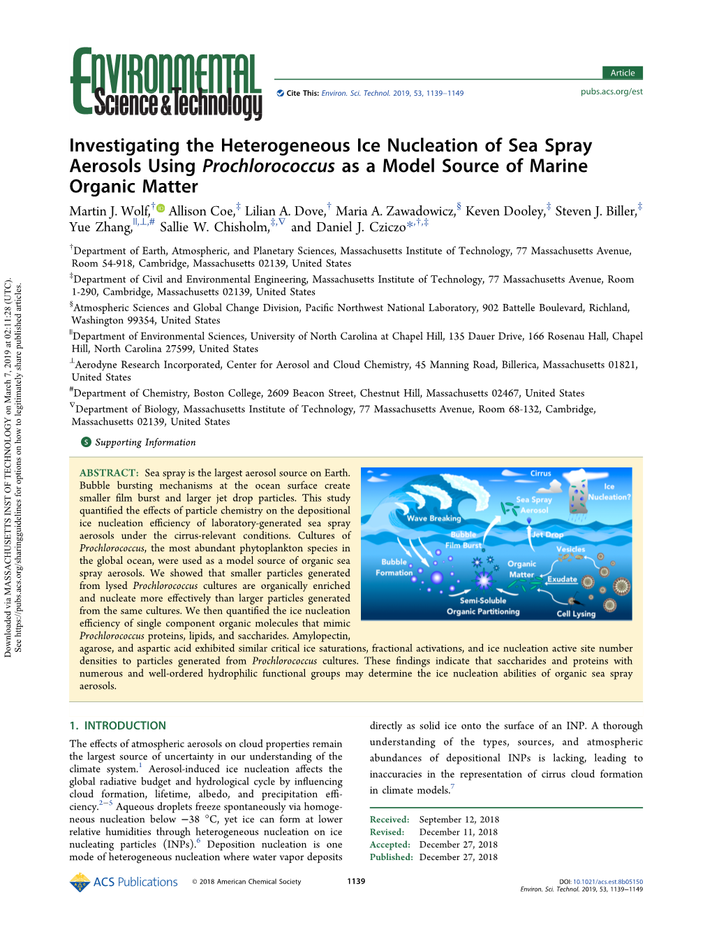 Investigating the Heterogeneous Ice Nucleation of Sea Spray Aerosols Using Prochlorococcus As a Model Source of Marine Organic Matter † ‡ † § ‡ ‡ Martin J