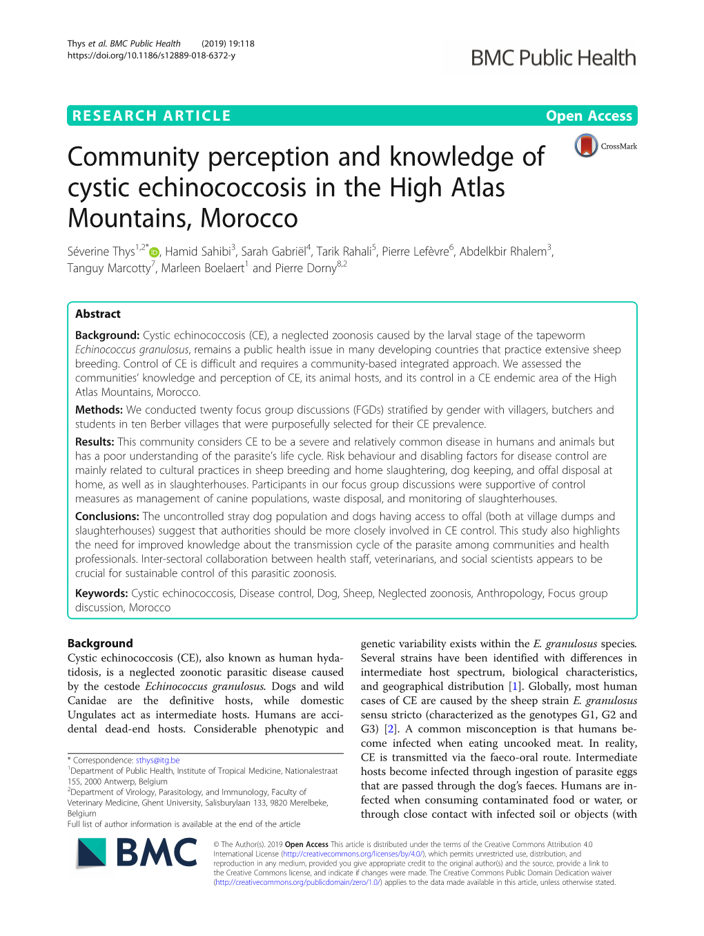 Community Perception and Knowledge of Cystic Echinococcosis in the High Atlas Mountains, Morocco