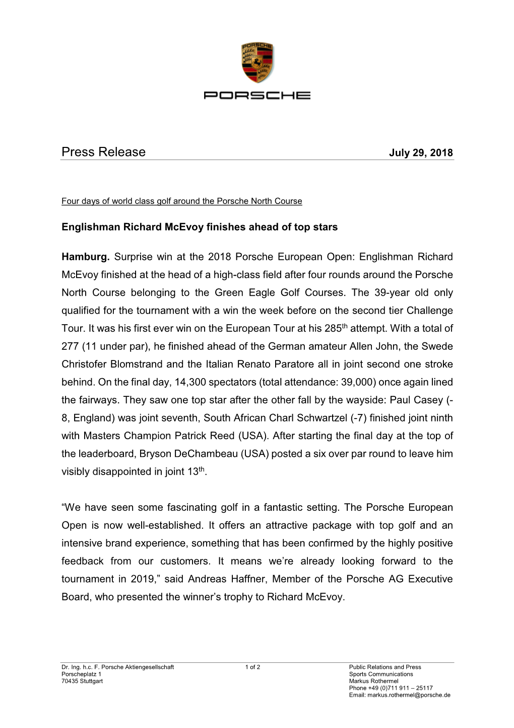 Press Release July 29, 2018