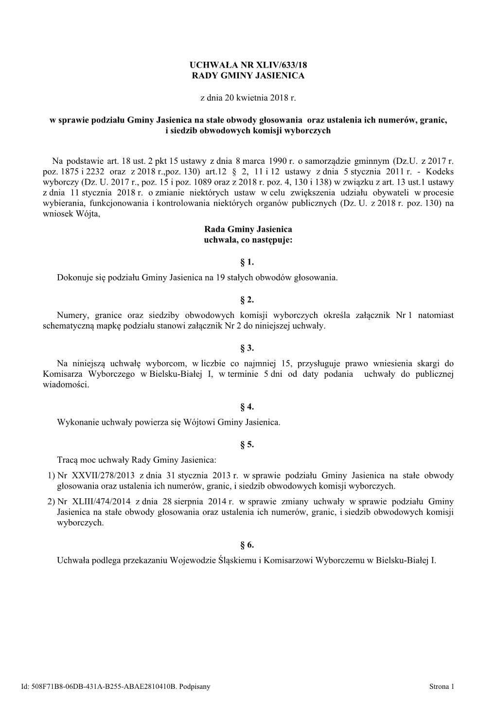 Uchwala Nr XLIV/633/18 Z Dnia 20 Kwietnia 2018 R