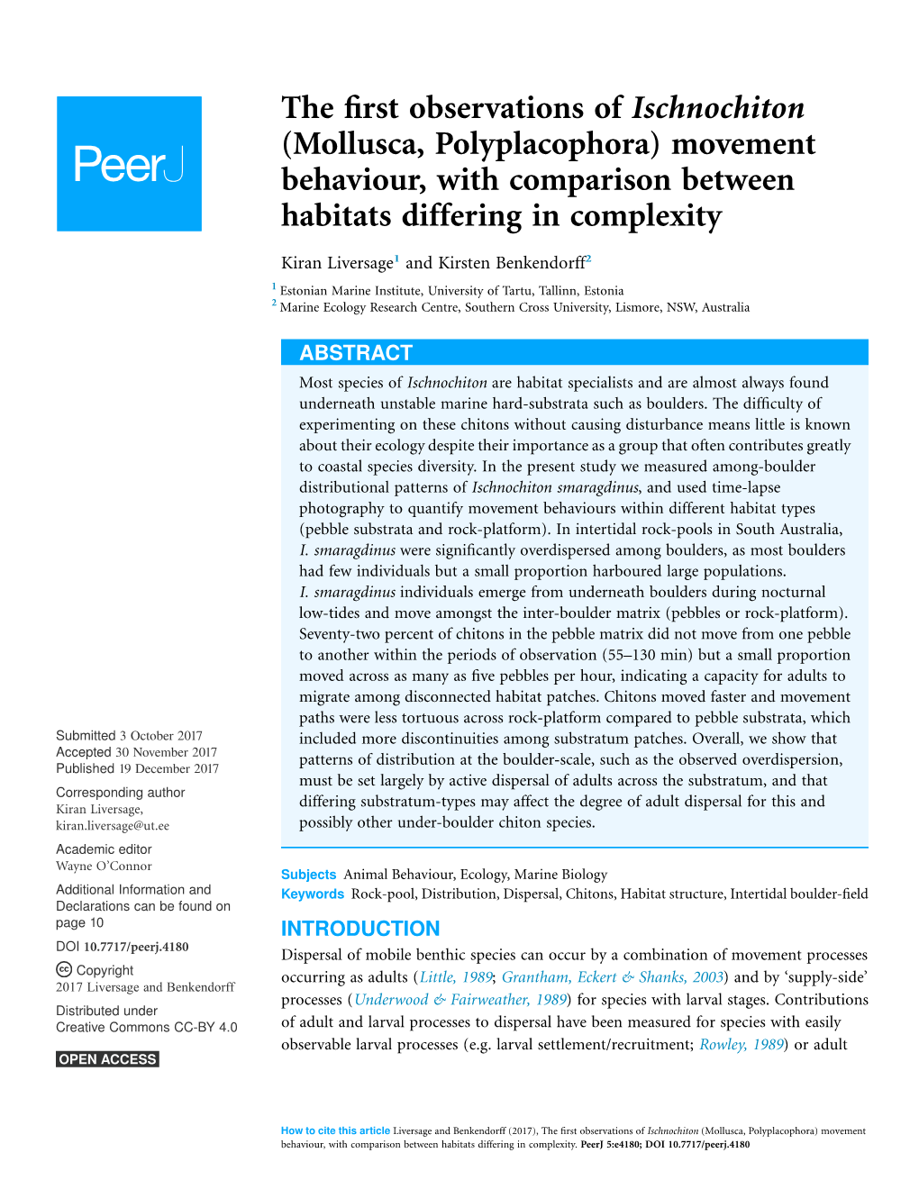 Mollusca, Polyplacophora) Movement Behaviour, with Comparison Between Habitats Differing in Complexity