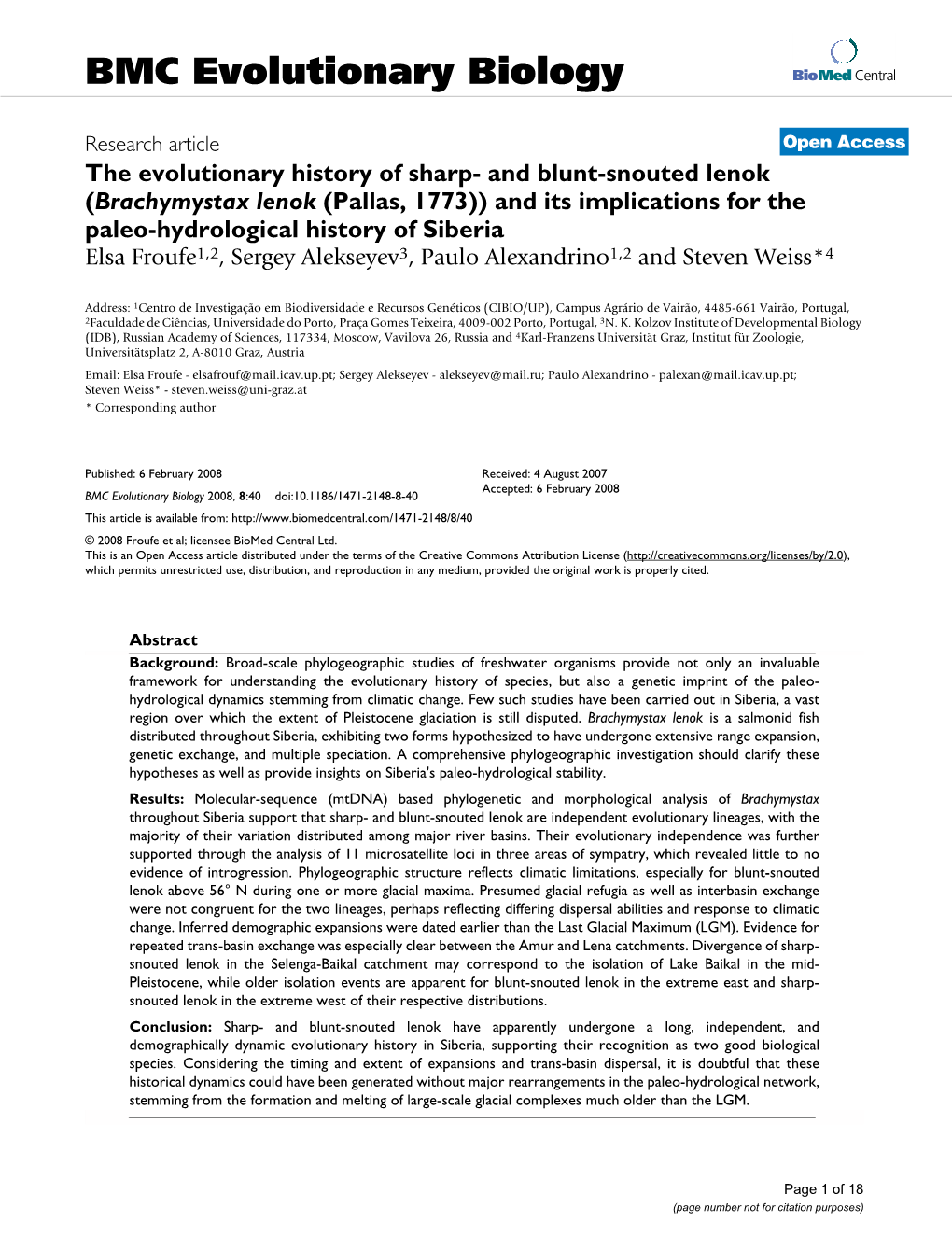 The Evolutionary History of Sharp-And Blunt-Snouted Lenok (Brachymystax