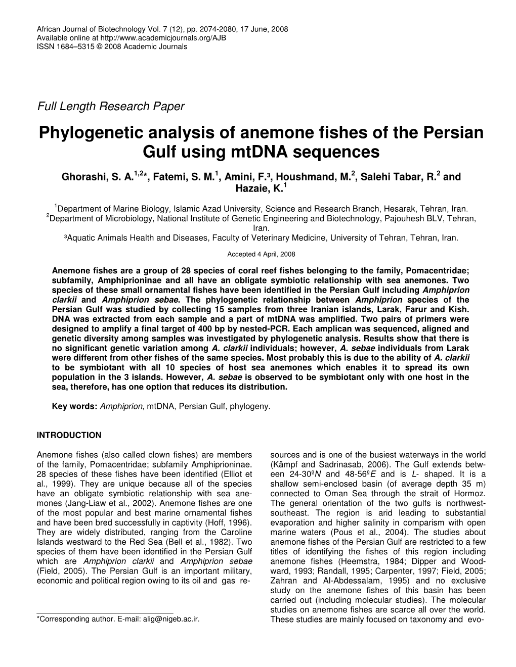 Phylogenetic Analysis of Anemone Fishes of the Persian Gulf Using Mtdna Sequences