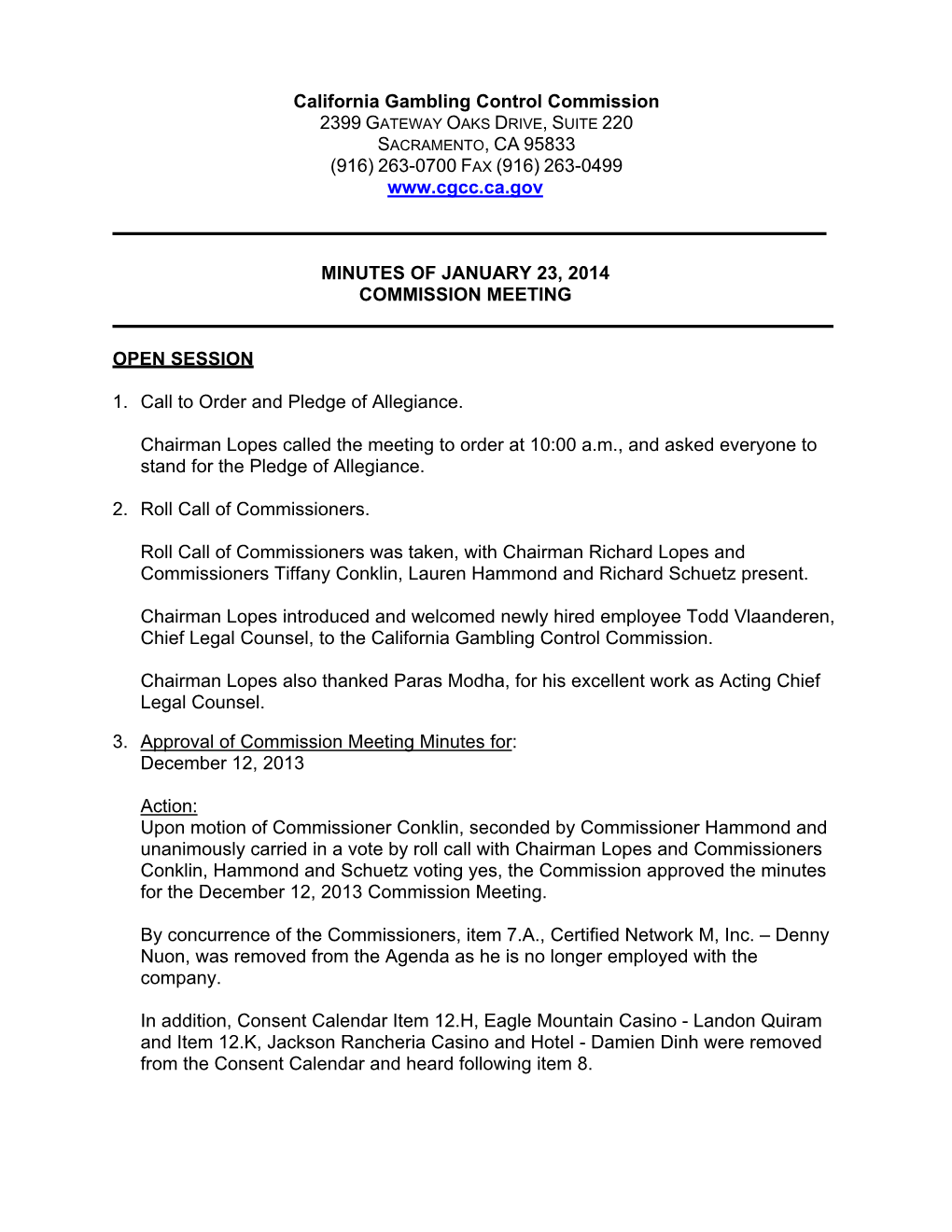 Minutes of January 23, 2014 Commission Meeting