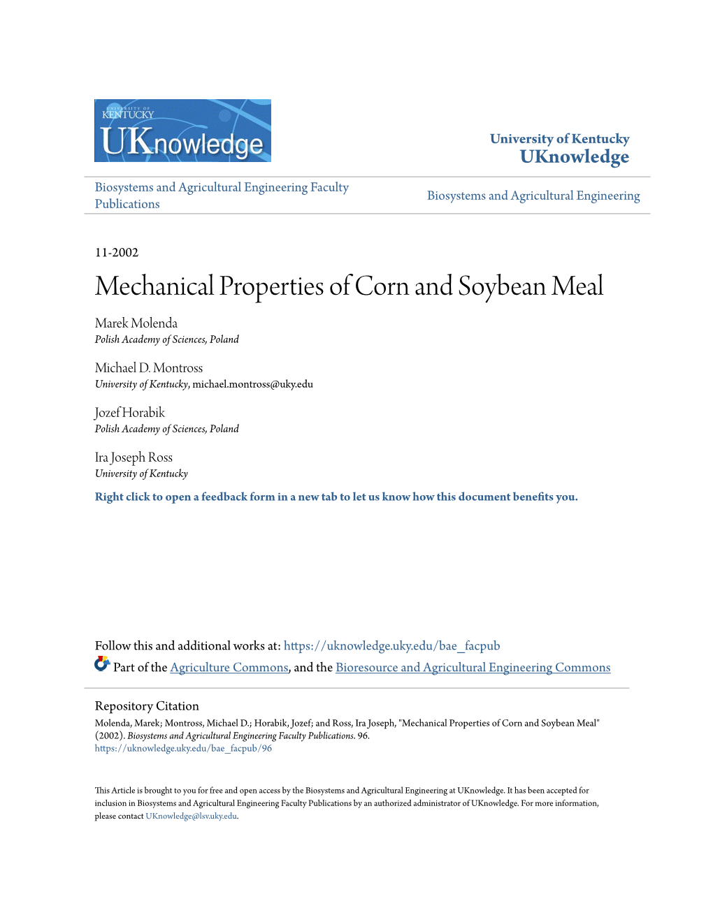 Mechanical Properties of Corn and Soybean Meal Marek Molenda Polish Academy of Sciences, Poland