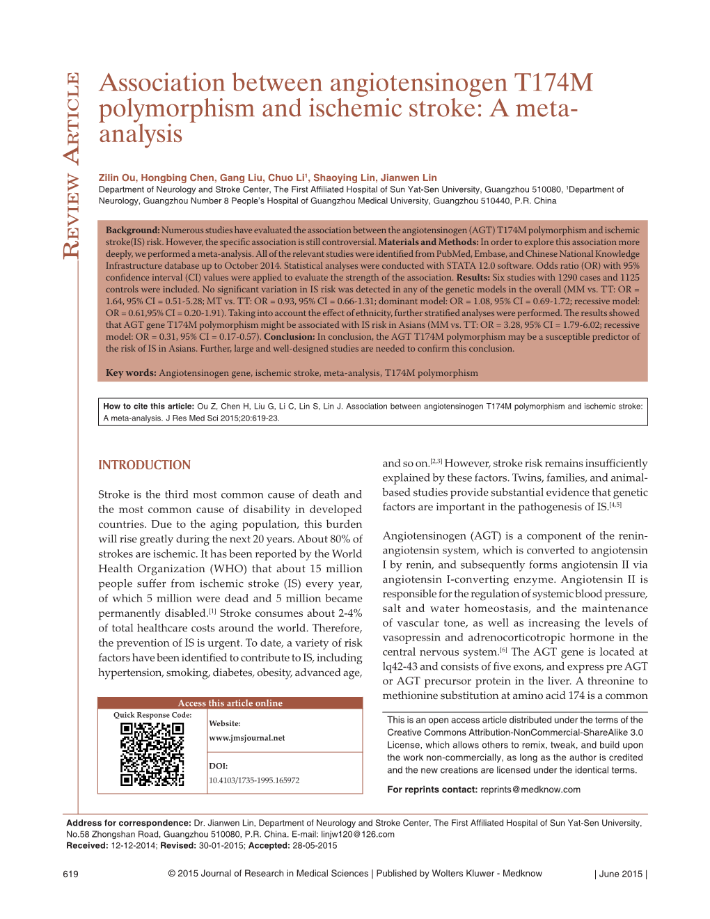 Association Between Angiotensinogen T174M Polymorphism and Ischemic Stroke: a Meta