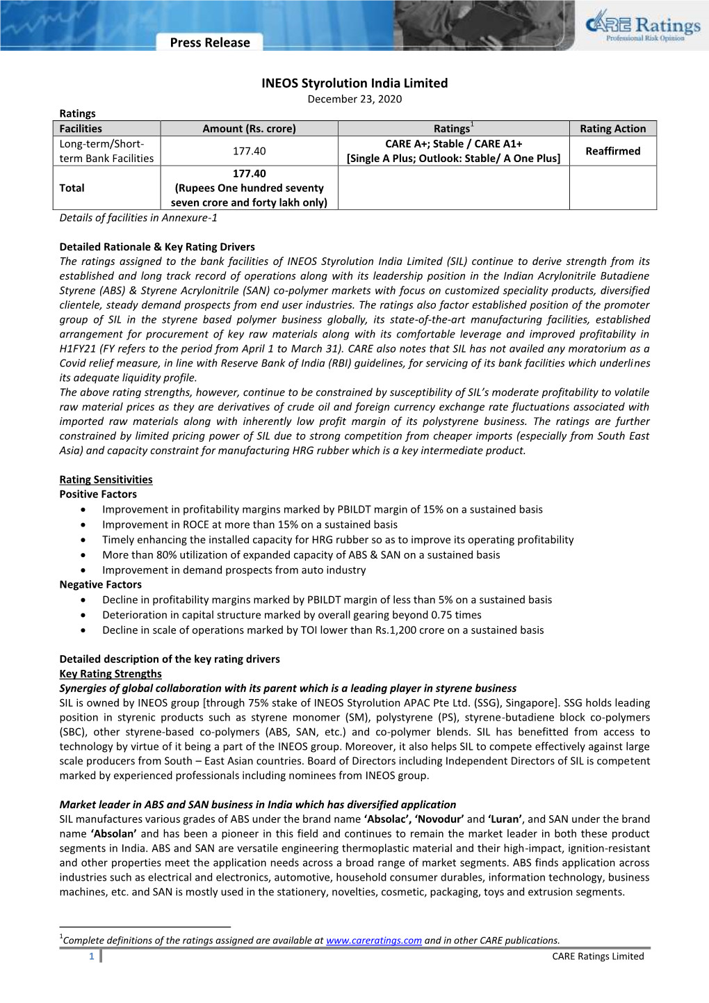 Press Release INEOS Styrolution India Limited