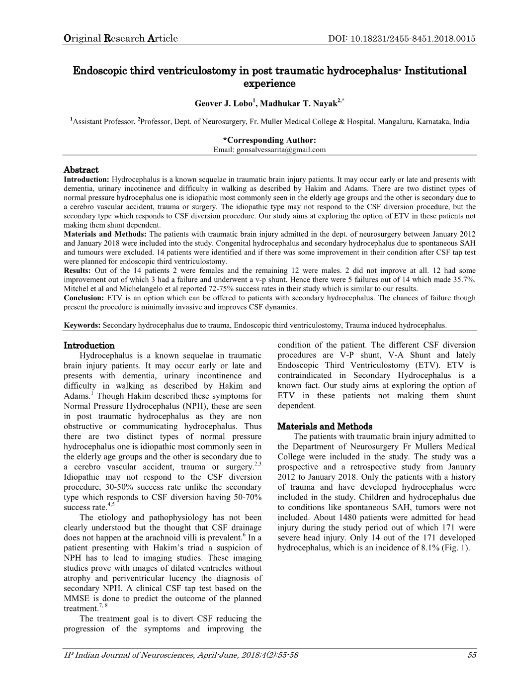 Endoscopic Third Ventriculostomy in Post Traumatic Hydrocephalus- Institutional Experience