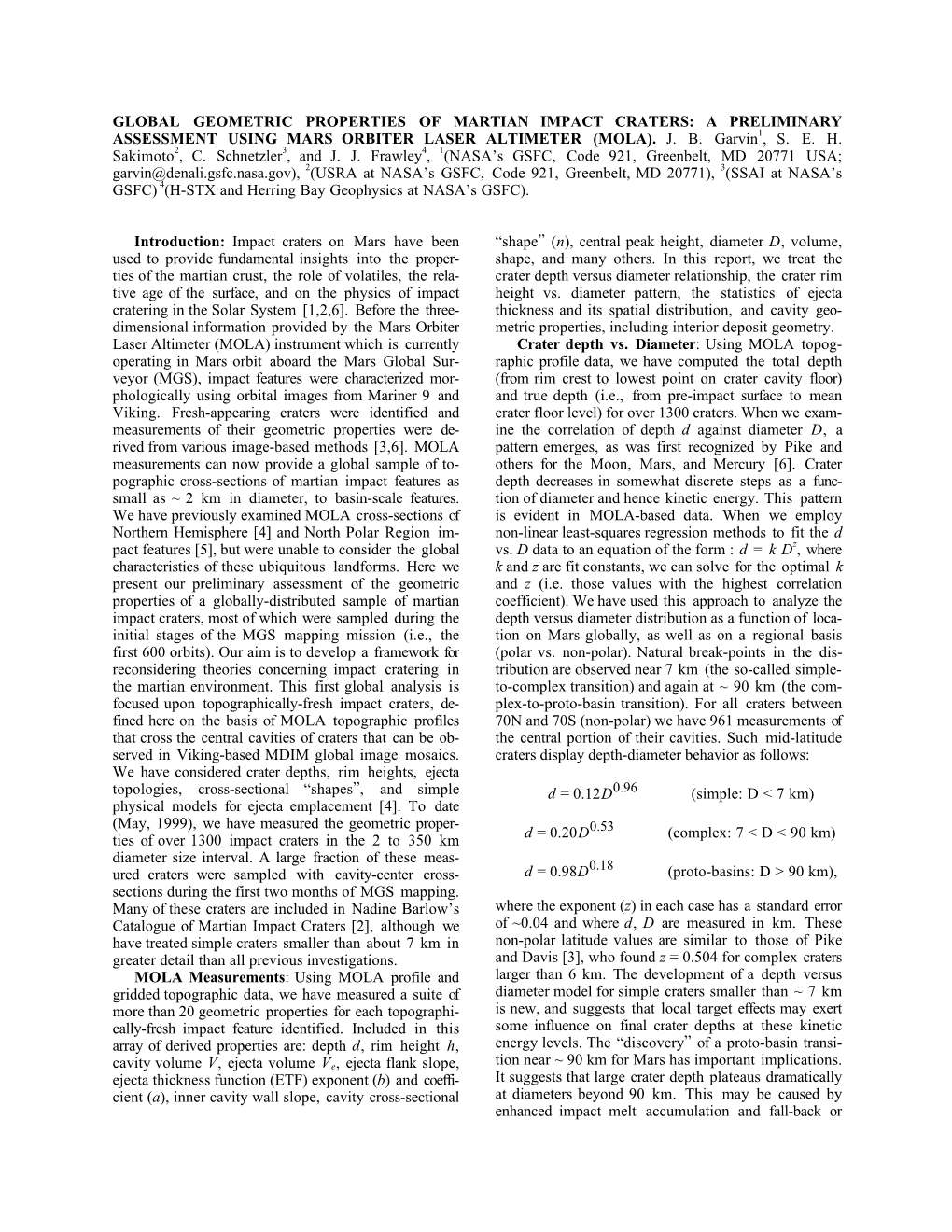 Global Geometric Properties of Martian Impact Craters: a Preliminary Assessment Using Mars Orbiter Laser Altimeter (Mola)