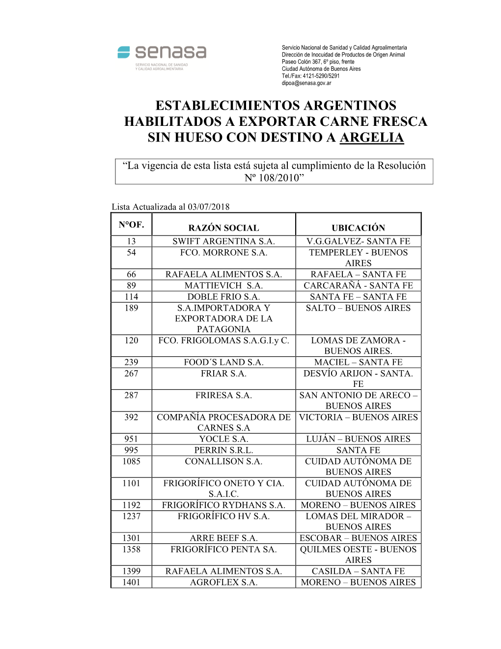 Establecimientos Argentinos Habilitados a Exportar Carne Fresca Sin Hueso Con Destino a Argelia