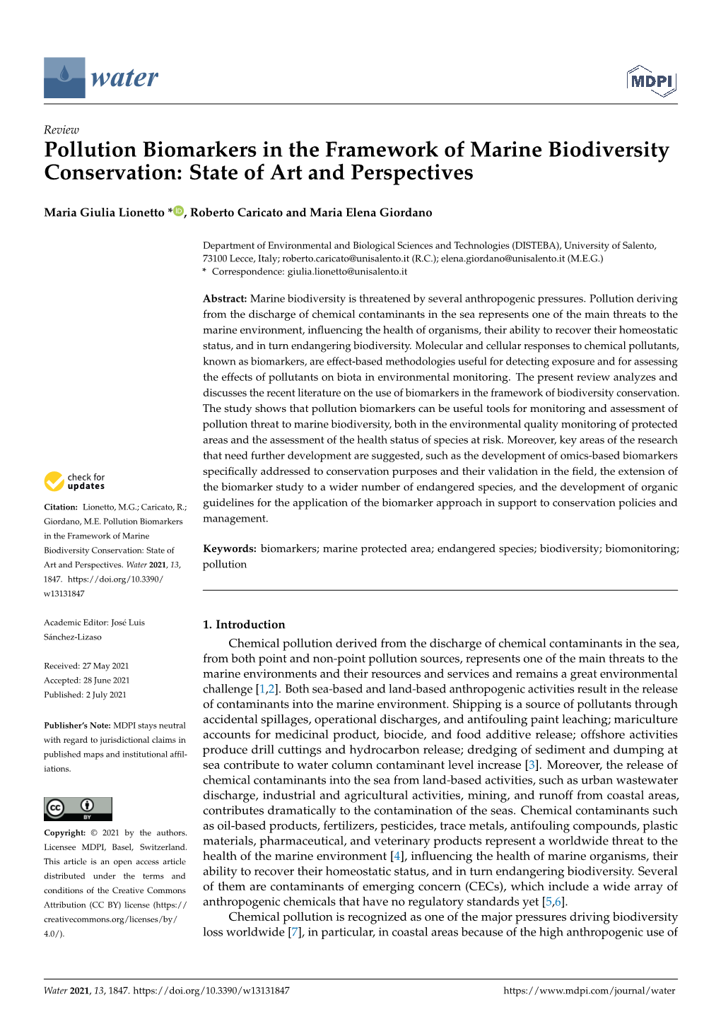 Pollution Biomarkers in the Framework of Marine Biodiversity Conservation: State of Art and Perspectives