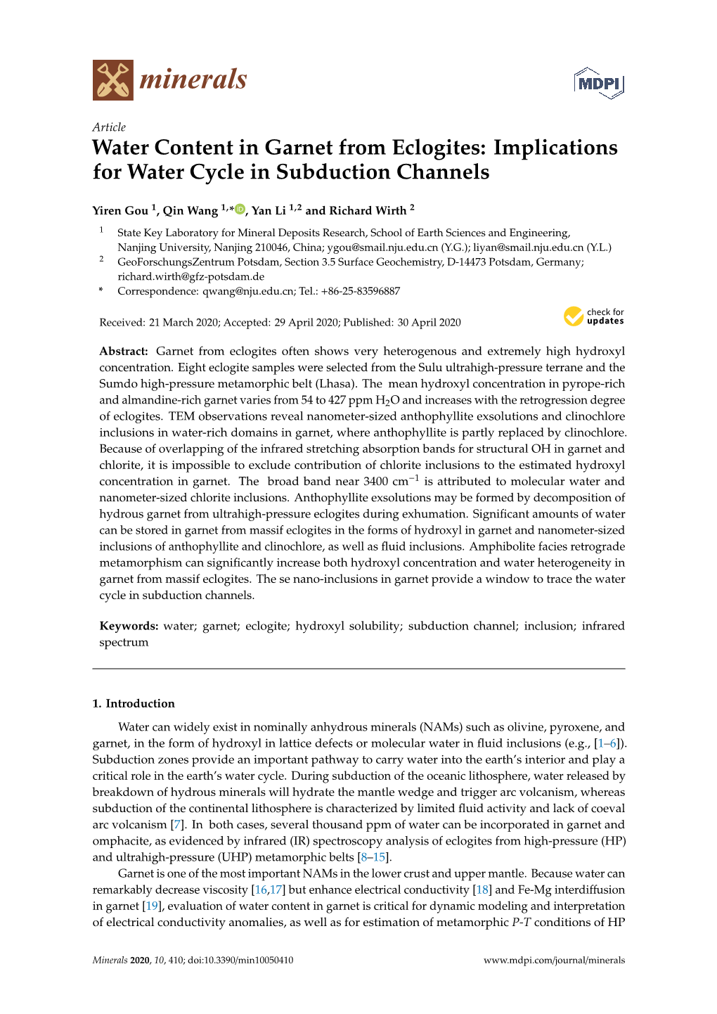 Water Content in Garnet from Eclogites: Implications for Water Cycle in Subduction Channels