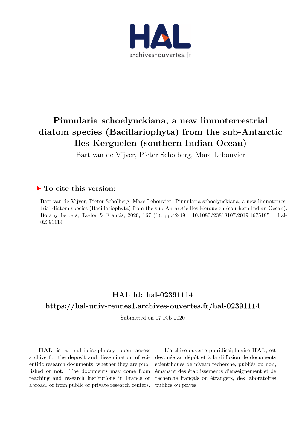 Pinnularia Schoelynckiana, a New Limnoterrestrial