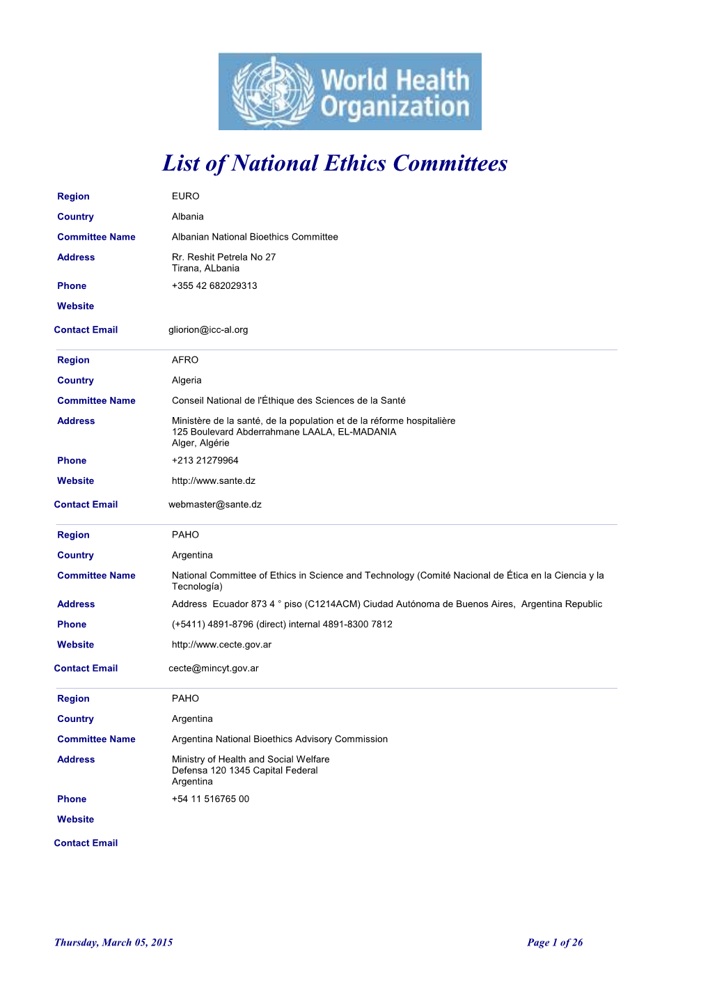 List of National Ethics Committees