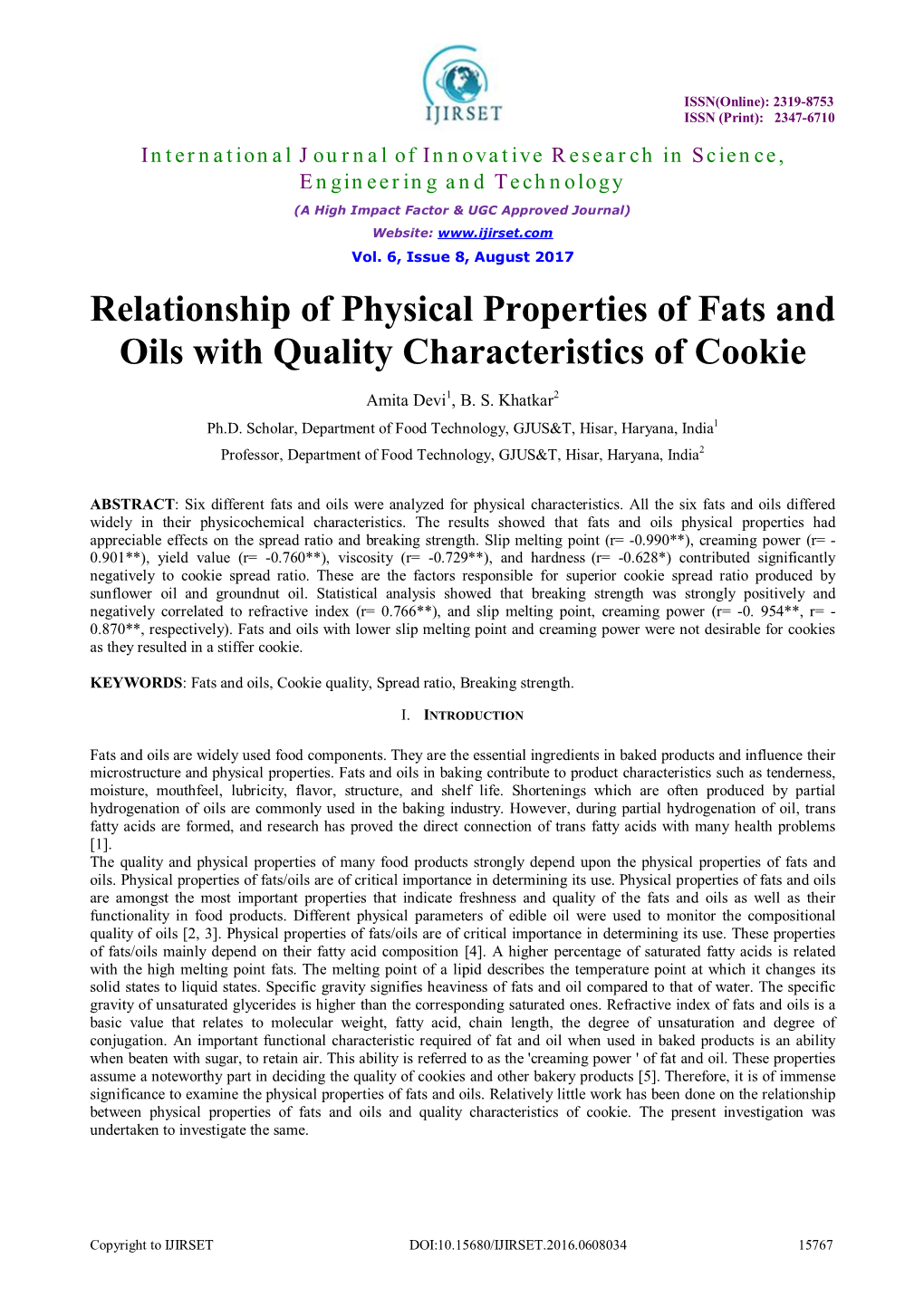 Relationship of Physical Properties of Fats and Oils with Quality Characteristics of Cookie