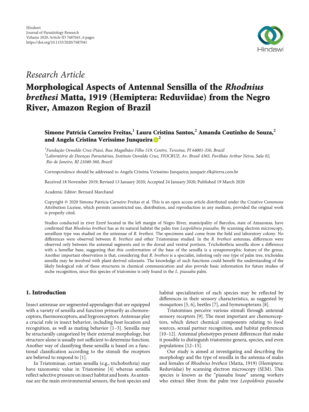 Morphological Aspects of Antennal Sensilla of the Rhodnius Brethesi Matta, 1919 (Hemiptera: Reduviidae) from the Negro River, Amazon Region of Brazil