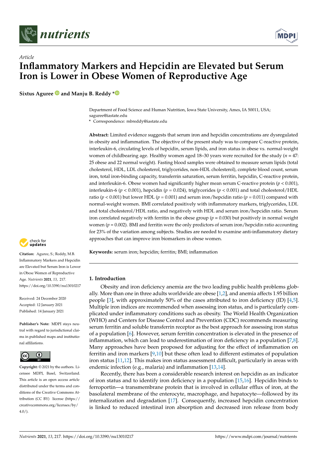 Inflammatory Markers and Hepcidin Are Elevated but Serum Iron Is