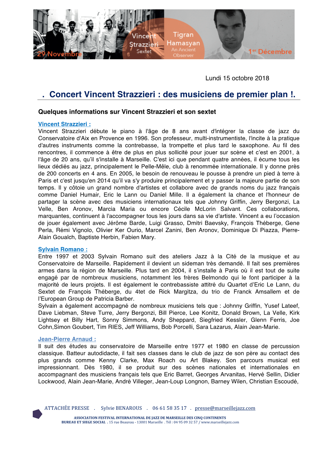 Concert Vincent Strazzieri : Des Musiciens De Premier Plan !
