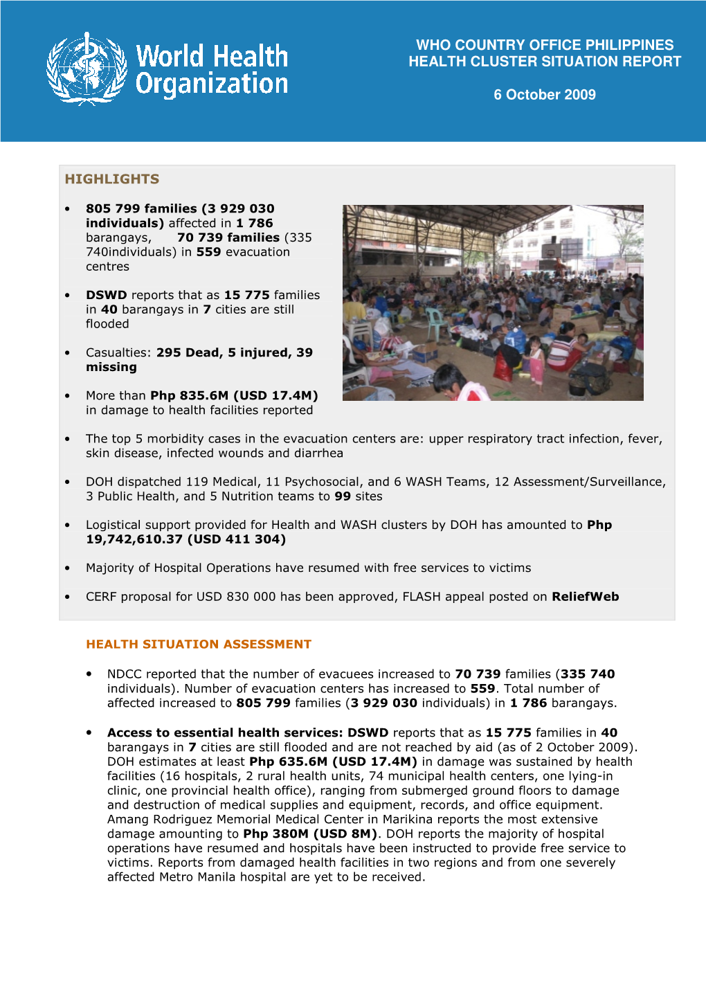 Who Country Office Philippines Health Cluster Situation Report