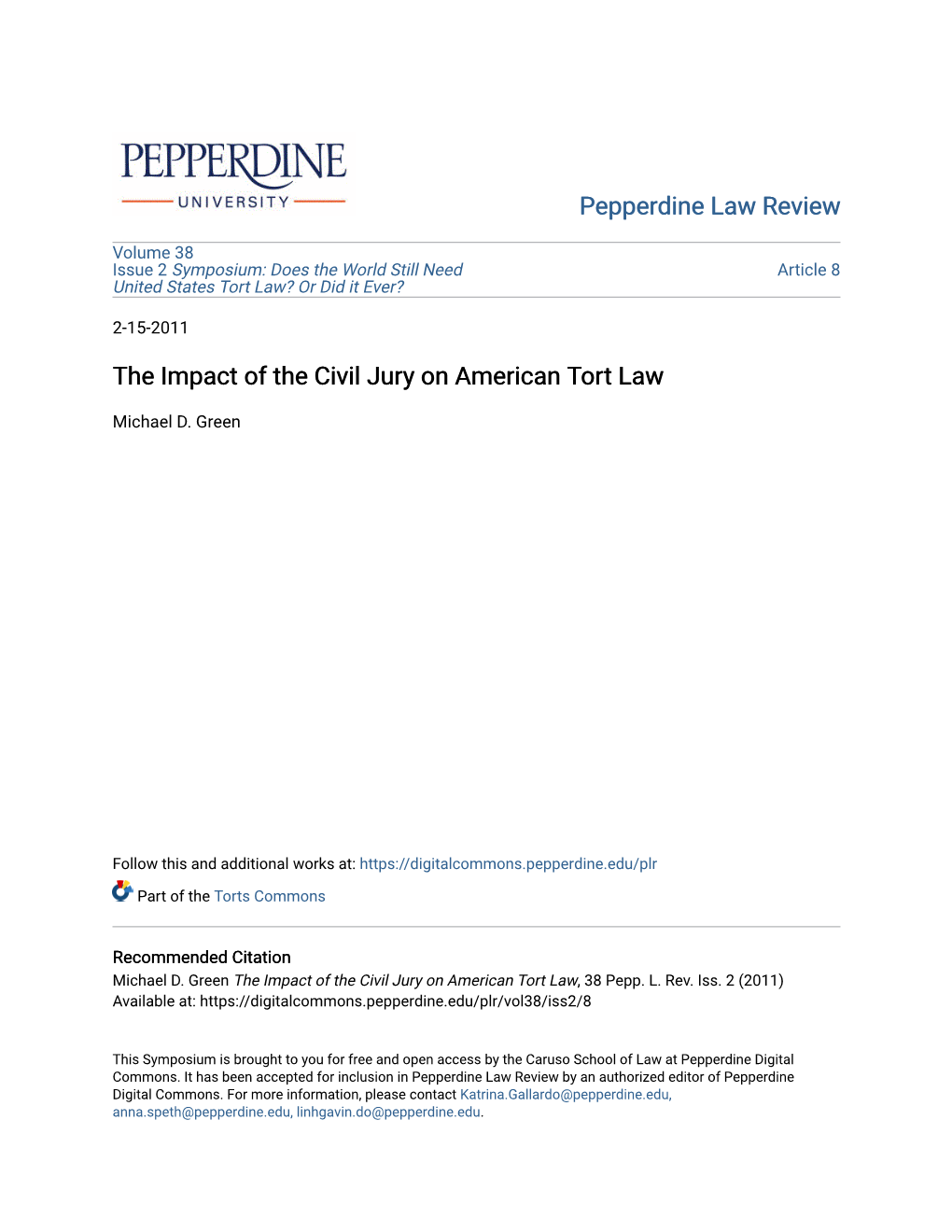 The Impact of the Civil Jury on American Tort Law