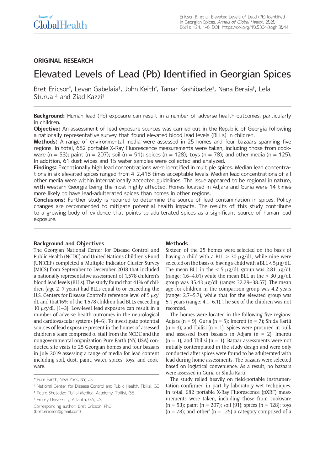 Elevated Levels of Lead (Pb) Identified in Georgian Spices