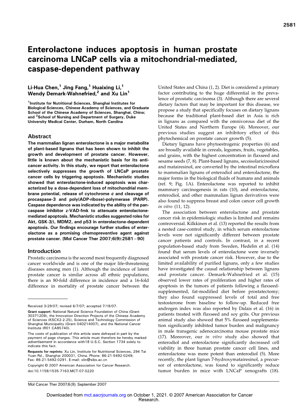 Enterolactone Induces Apoptosis in Human Prostate Carcinoma Lncap Cells Via a Mitochondrial-Mediated, Caspase-Dependent Pathway