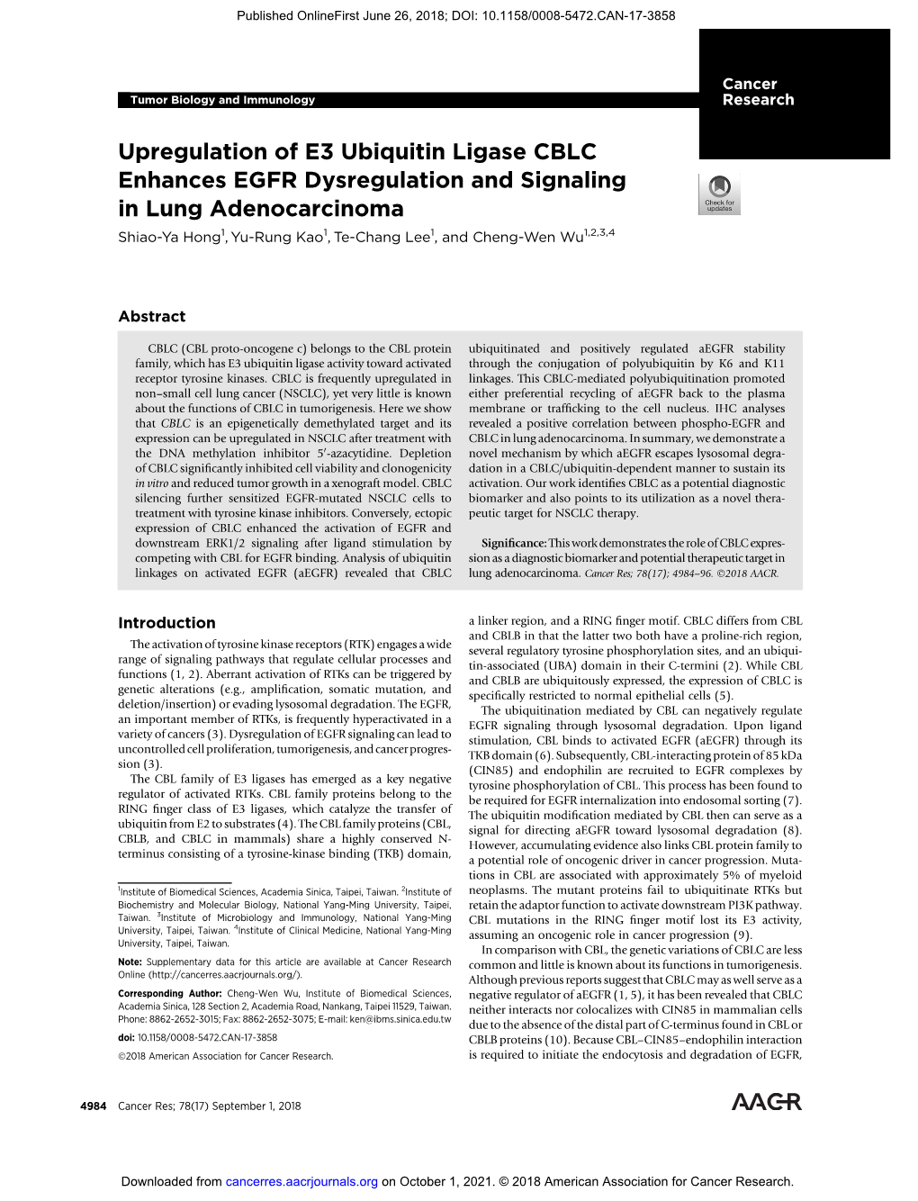 Upregulation of E3 Ubiquitin Ligase CBLC Enhances EGFR