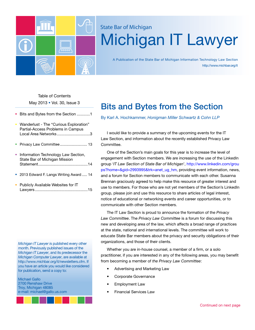 Michigan IT Lawyer a Publication of the State Bar of Michigan Information Technology Law Section