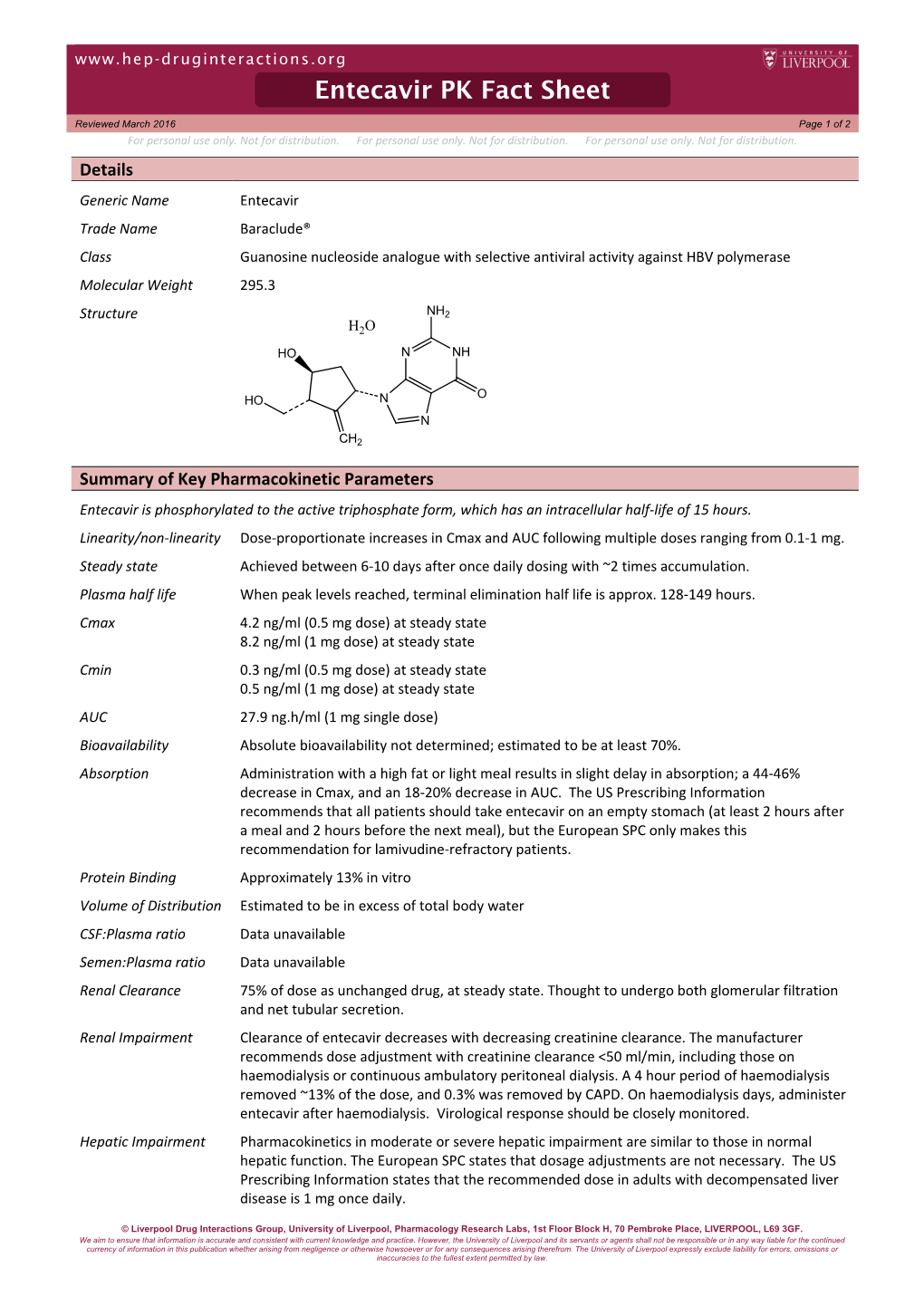 Entecavir PK Fact Sheet Reviewed March 2016 Page 1 of 2 for Personal Use Only