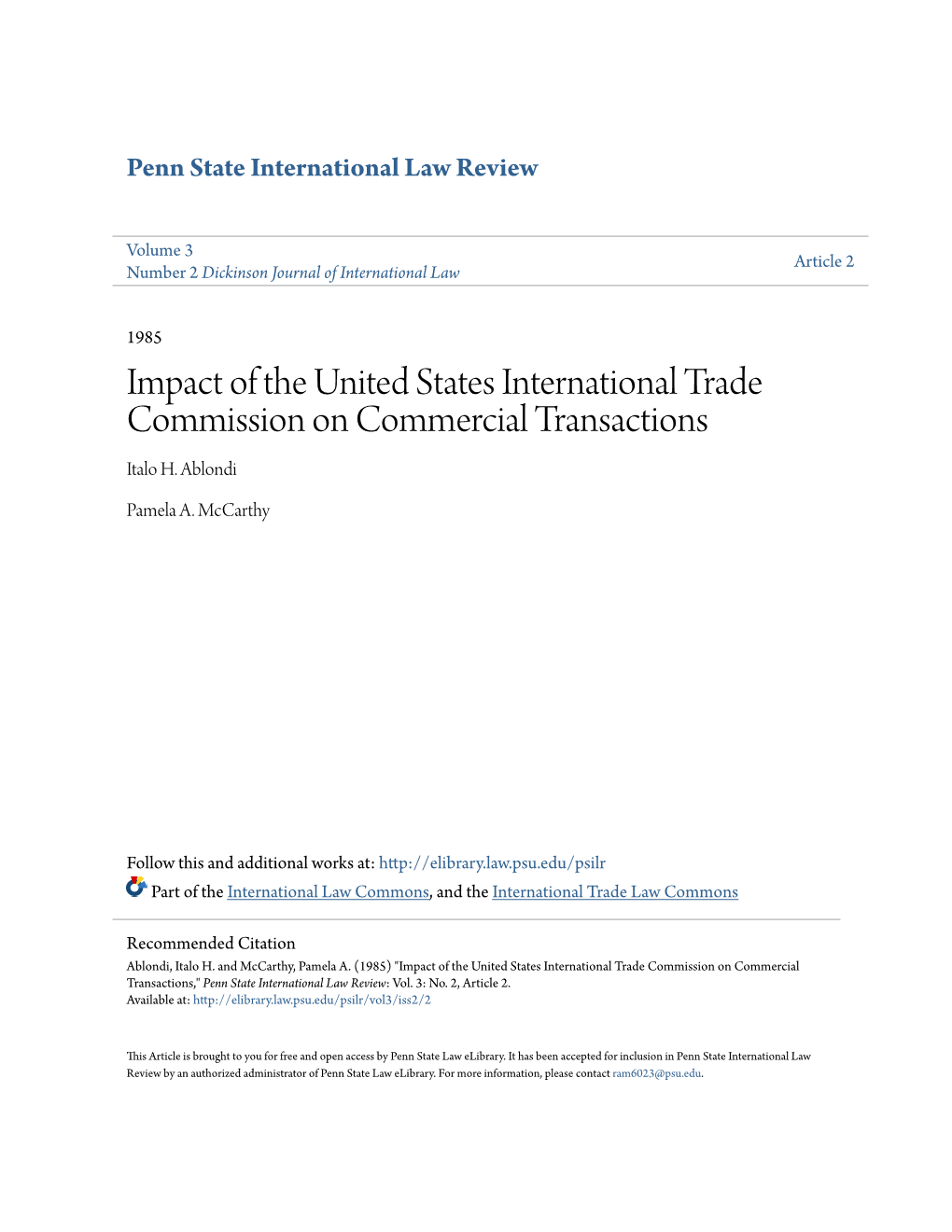 Impact of the United States International Trade Commission on Commercial Transactions Italo H