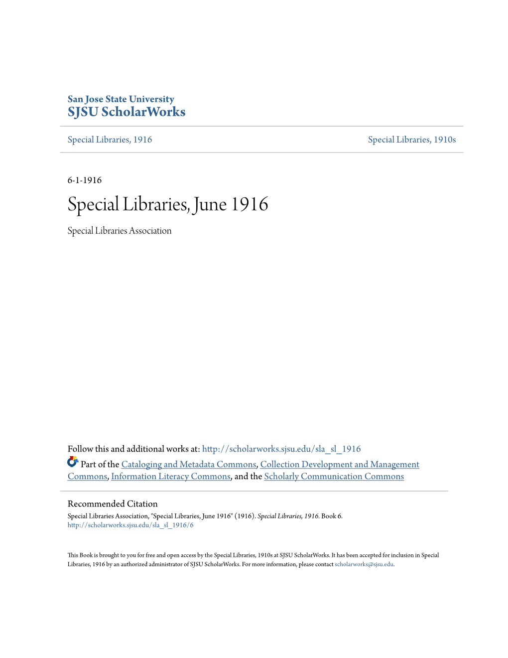Special Libraries, June 1916 Special Libraries Association