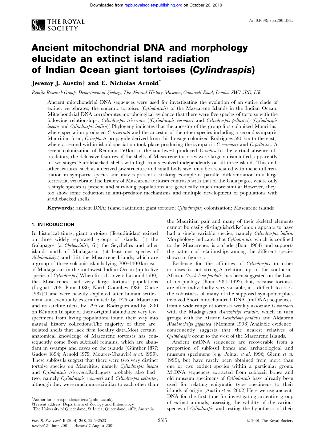 Austin, J.J. and Arnold, E.N. 2001. Ancient Mitochondrial DNA And