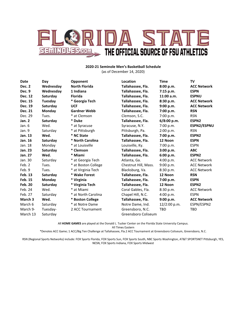 2020-21 Seminole Men's Basketball Schedule