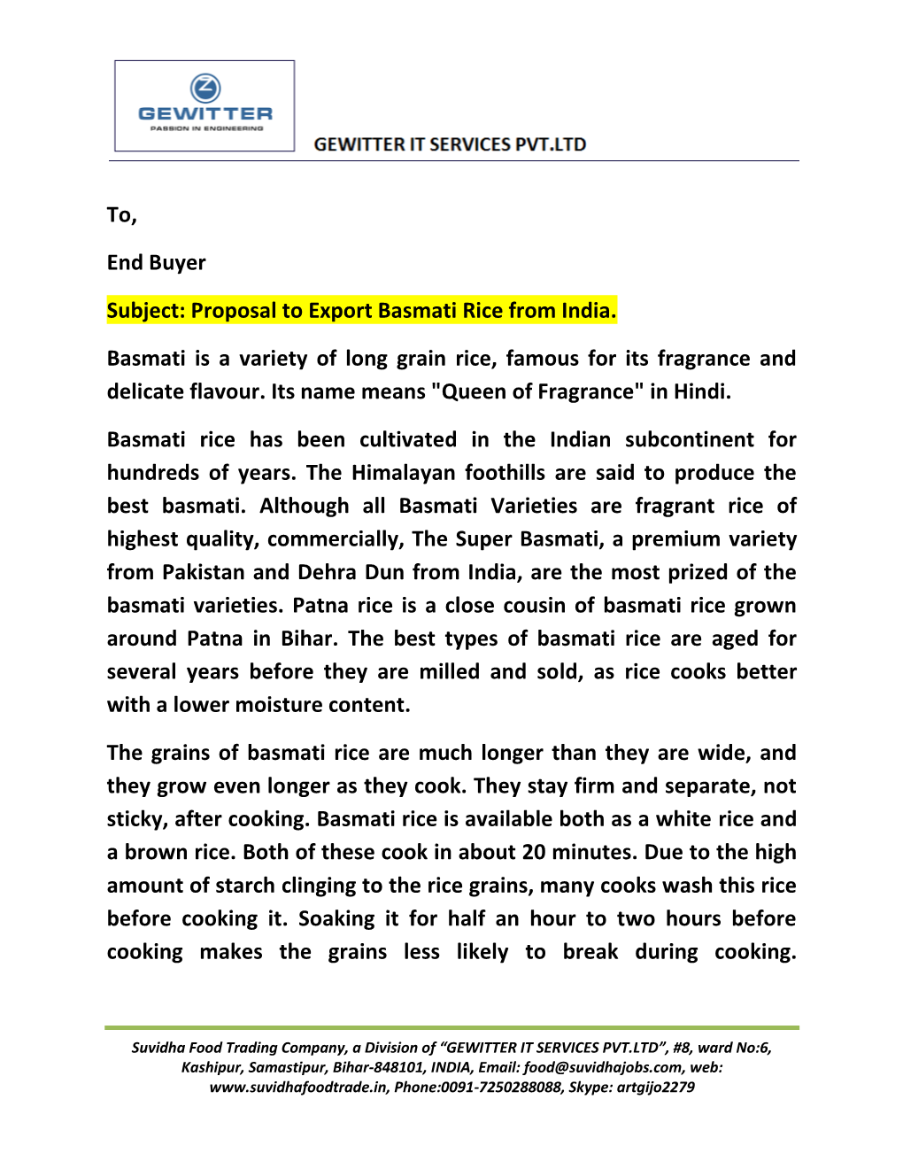 To, End Buyer Subject: Proposal to Export Basmati Rice from India. Basmati Is a Variety of Long Grain Rice, Famous for Its Fragr