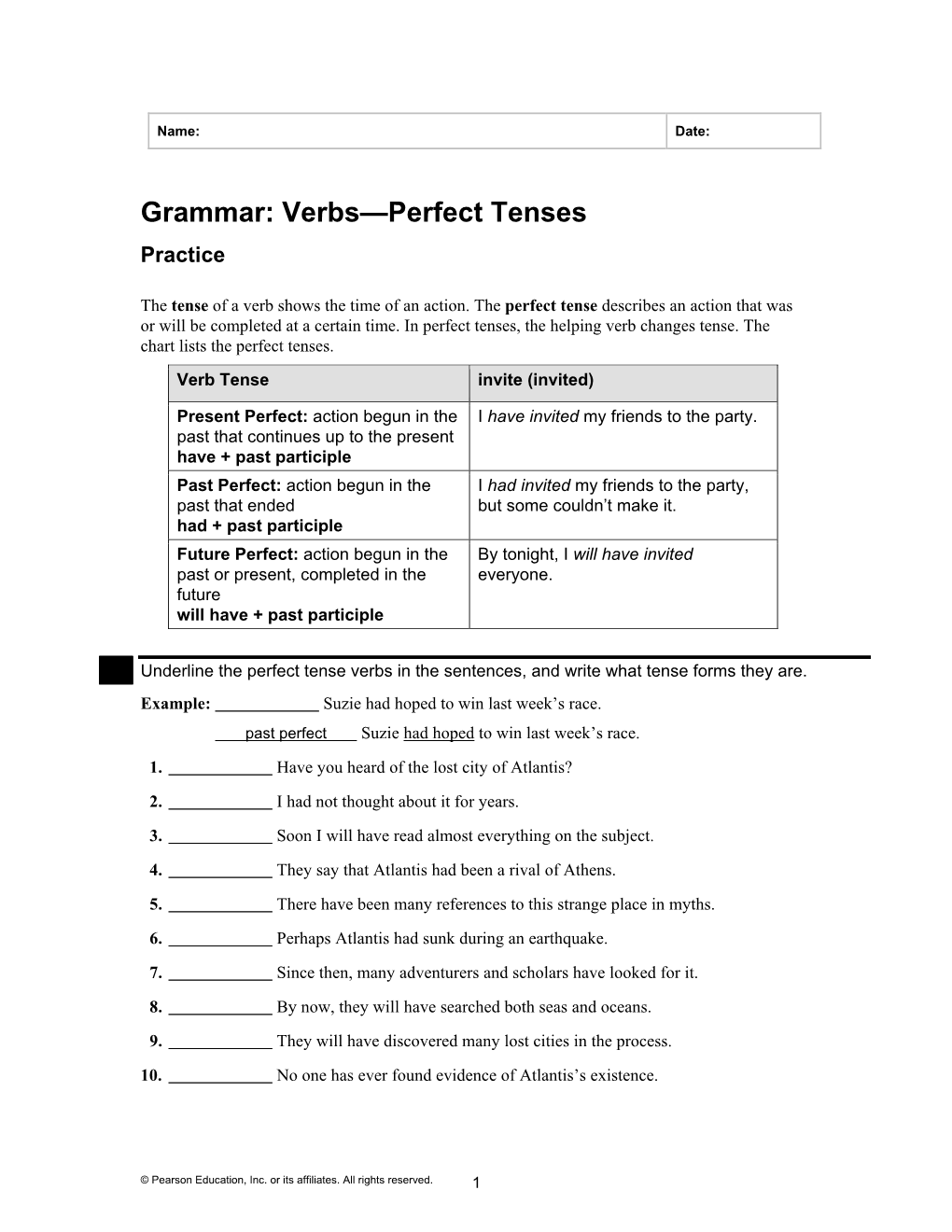 Grammar: Verbs—Perfect Tenses Practice