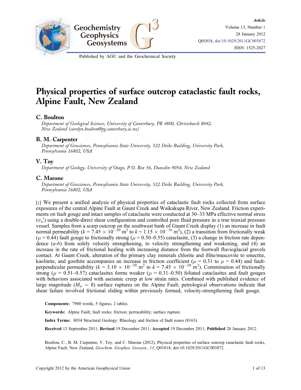 Physical Properties of Surface Outcrop Cataclastic Fault Rocks, Alpine Fault, New Zealand