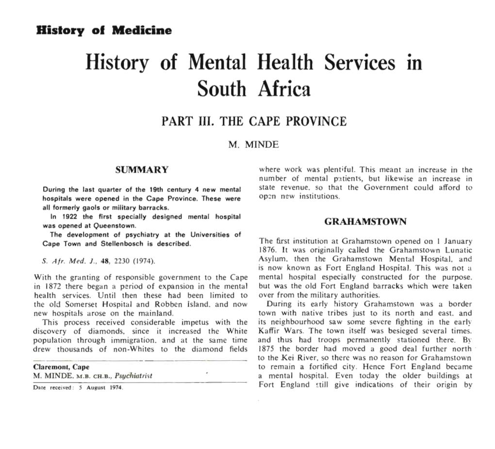 History of Mental Health Services South Mrica