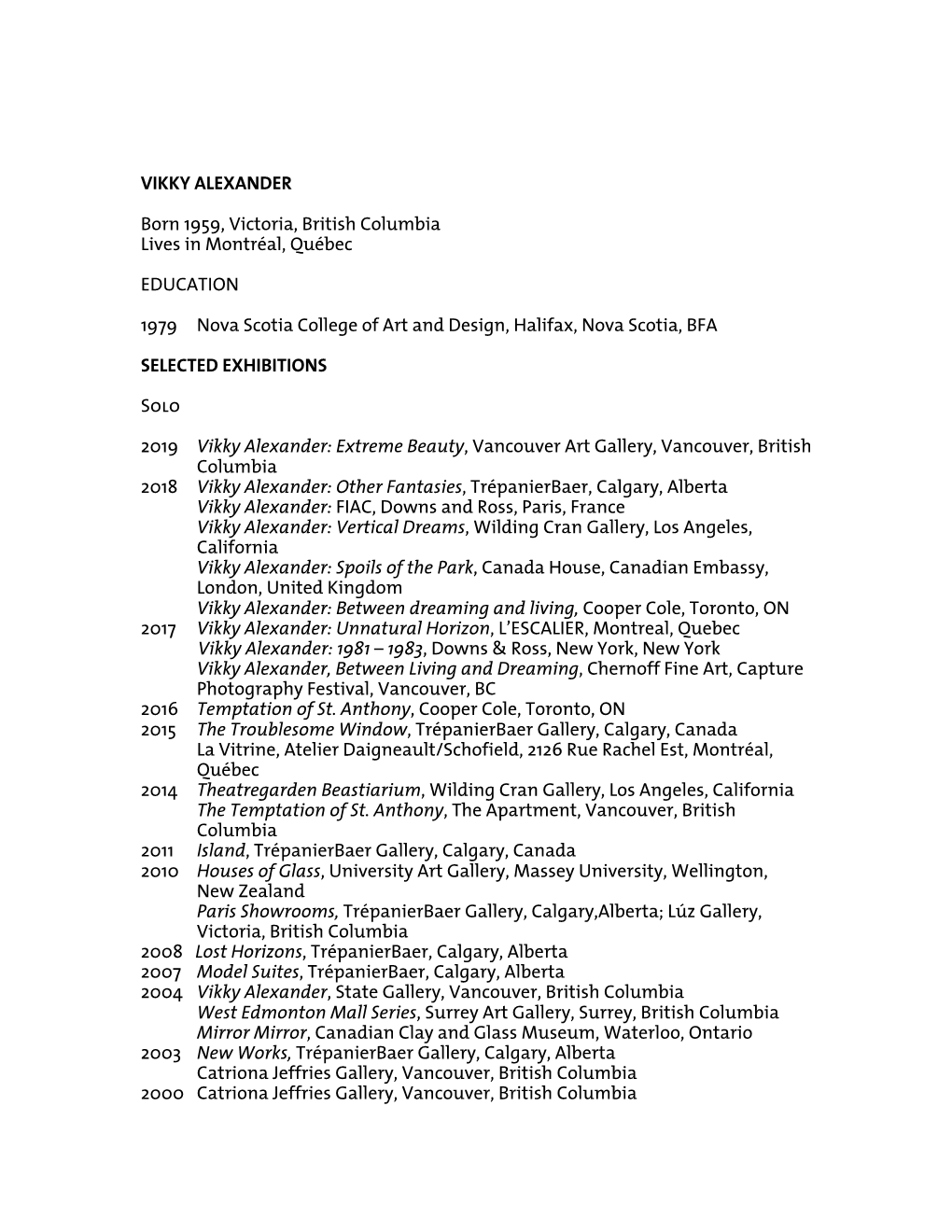 VIKKY ALEXANDER Born 1959, Victoria, British Columbia Lives in Montréal, Québec EDUCATION 1979 Nova Scotia College of Art