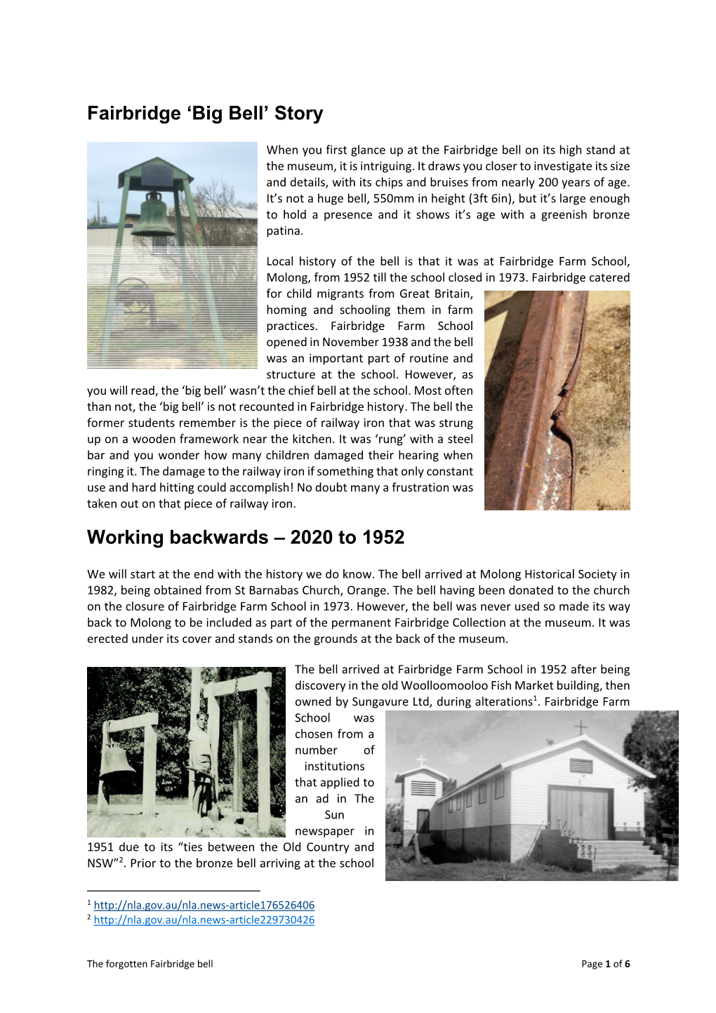 Fairbridge 'Big Bell' Story Working Backwards – 2020 to 1952