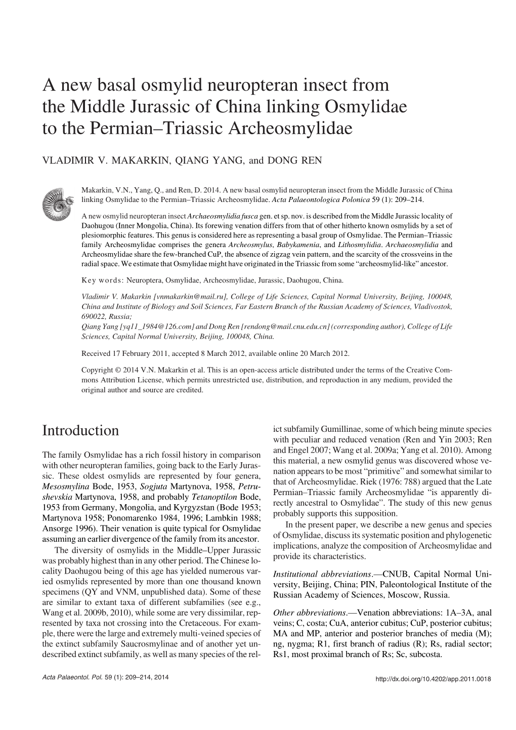 A New Basal Osmylid Neuropteran Insect from the Middle Jurassic of China Linking Osmylidae to the Permian–Triassic Archeosmylidae