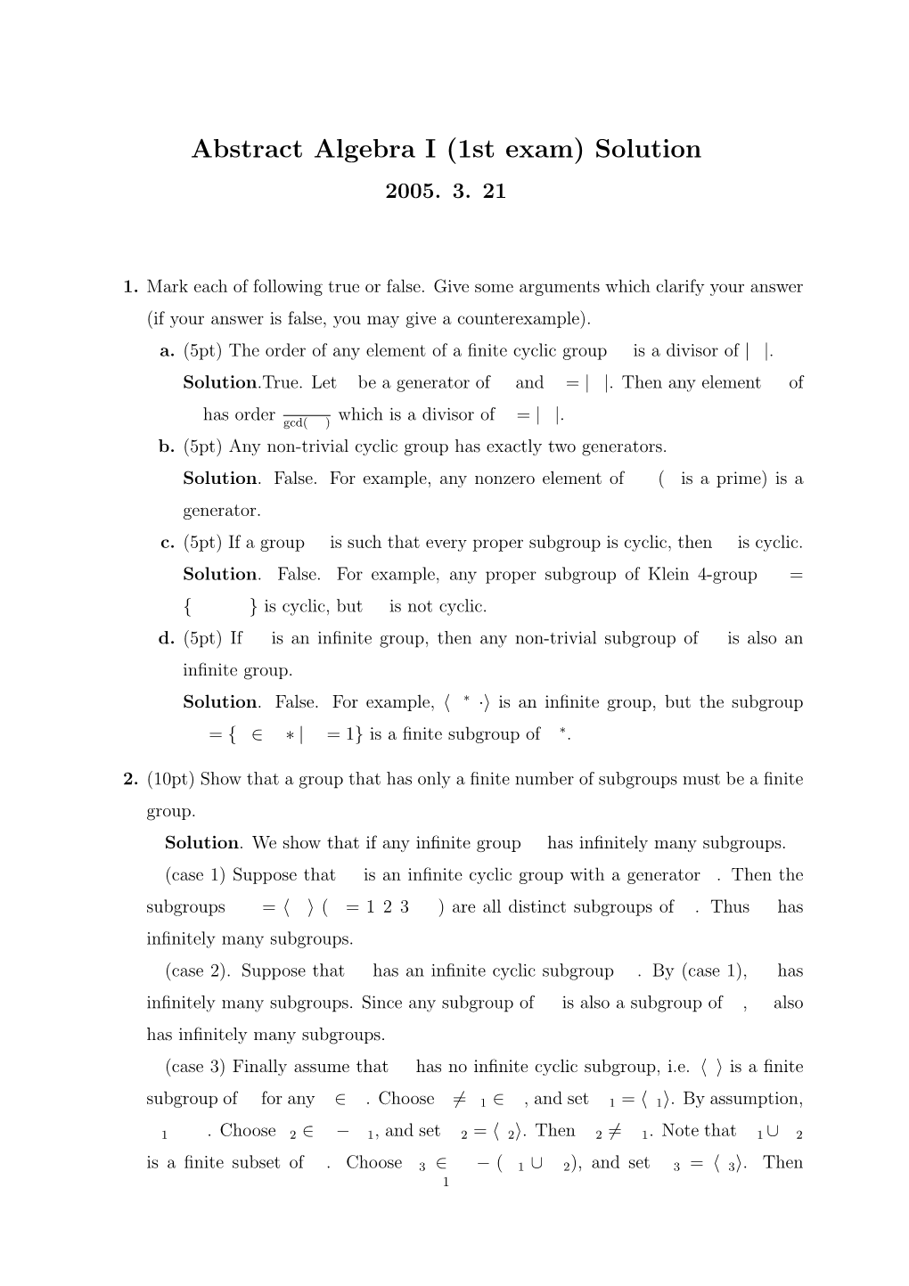 Abstract Algebra I (1St Exam) Solution 2005