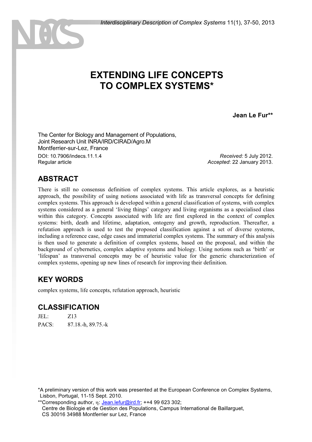 Extending Life Concepts to Complex Systems*