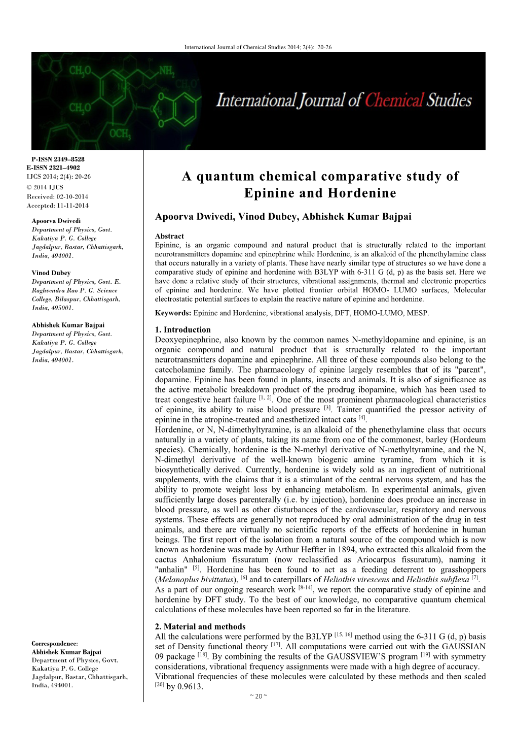 A Quantum Chemical Comparative Study of Epinine and Hordenine