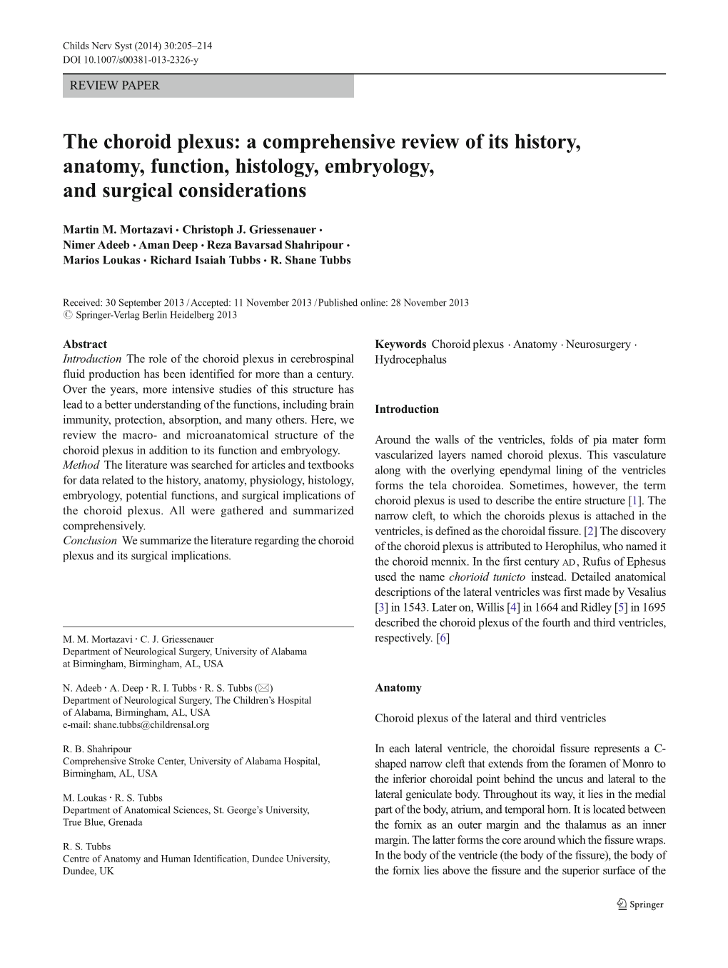 The Choroid Plexus: a Comprehensive Review of Its History, Anatomy, Function, Histology, Embryology, and Surgical Considerations