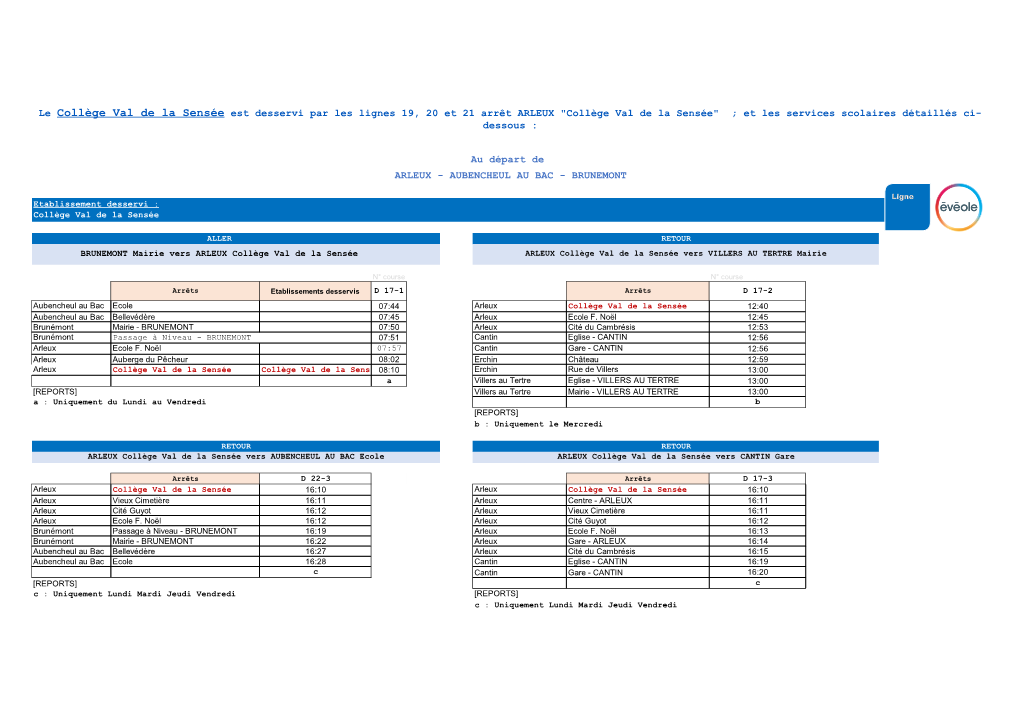 Collège Val De La Sensée Est Desservi Par Les Lignes 19, 20 Et 21 Arrêt ARLEUX 