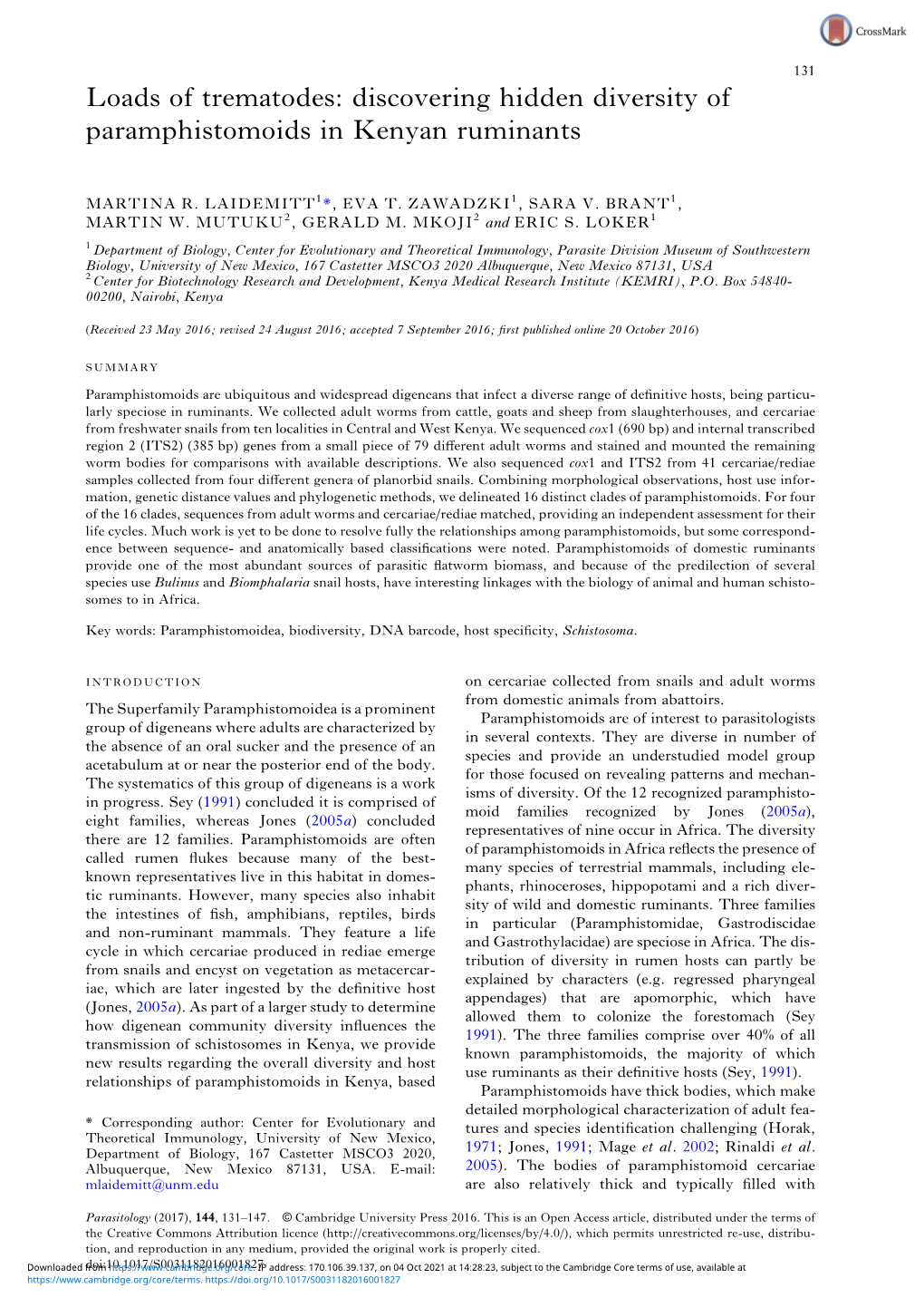 Loads of Trematodes: Discovering Hidden Diversity of Paramphistomoids in Kenyan Ruminants